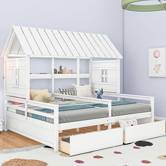 Harper & Bright Designs Twin Size House Platform Beds with Two Drawers for Boy and Girl Shared Beds, Combination of 2 Side by Side Twin Size Beds,White