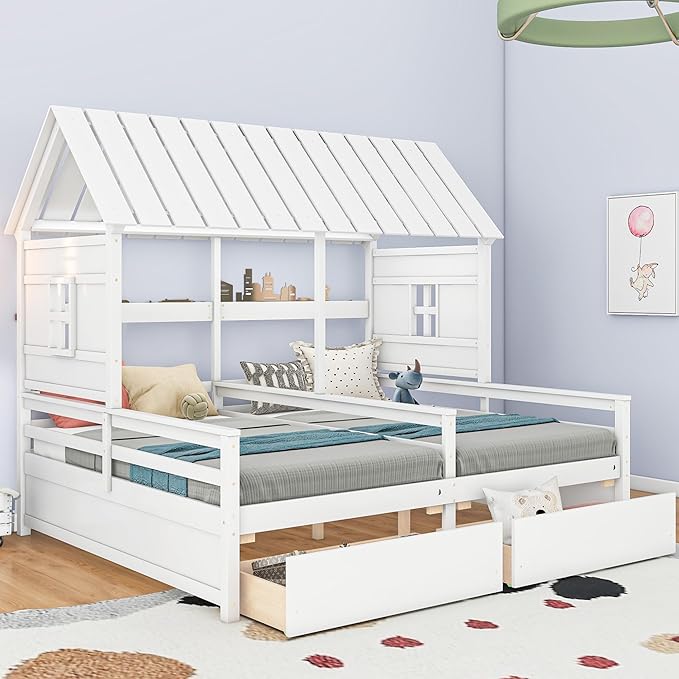 P PURLOVE Double Shared Bed,Two Twin Size House Platform Beds with Drawers for Boy and Girl, House Bed Frame Combination of 2 Side by Side Twin Size,White