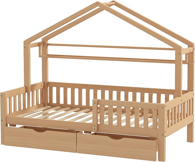 Aoowow Twin Size House Bed with Storage Drawers and Shelf,Kids Wooden Bed Frame Twin Platform Bed with Slats and Fence for Boys Girls Teens for Bedroom(Natural)