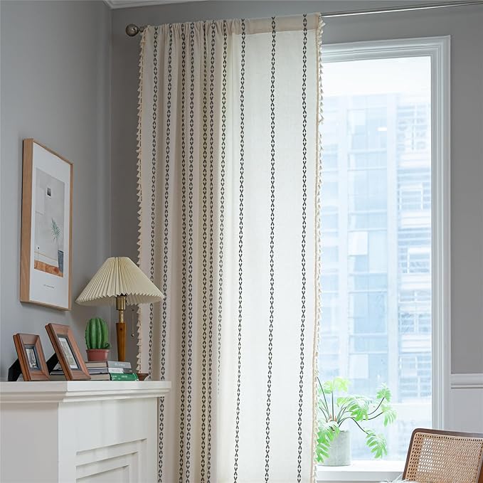 Deeprove Light Gray Boho Curtains 96 inches Long for Bedroom, Vintage Privacy Bohemian Embroidery Light Filter Cotton Linen Stripes French Country Tassel Window Treatments Decor, W52 x L96, 1 Panel
