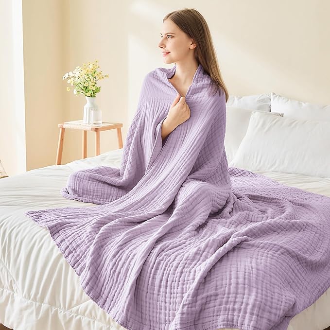 EMME Cotton Muslin King Blanket Big Oversized Bed Layering Bedspread Coverlet Breathable Gauze Soft Lightweight Blankets (Lavender, 120"x94")