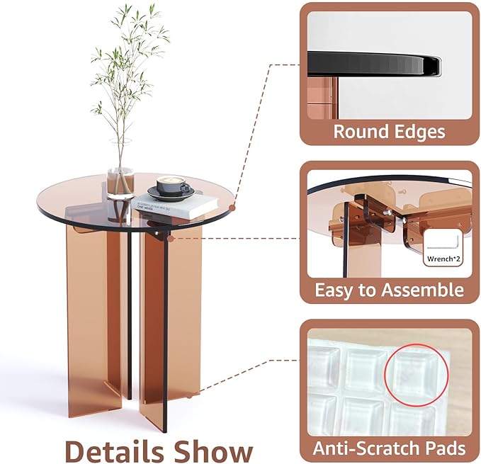 Acrylic Small Coffee Table, Round Accent End Table, Minimalist Bedside Nightstand, Side Tables Living Room, Bedroom Office Indoor Home Decor, Brown
