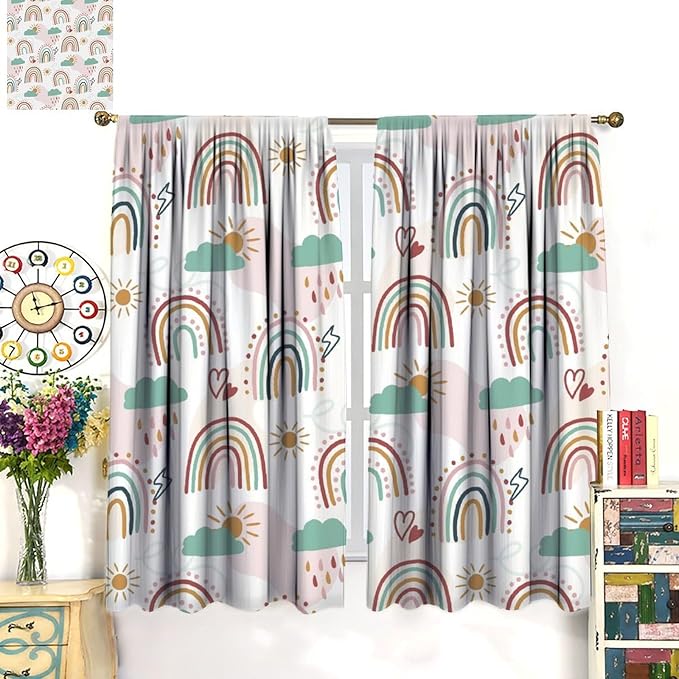 Kids Rainbow Curtains Boho Cartoon Colorful Stars Love Heart Lovely Abstract Art Pattern Print Window Drapes for Girl Bedroom Living Room Kitchen Decor,2 Panel Set,52Wx84H Inch Blackout