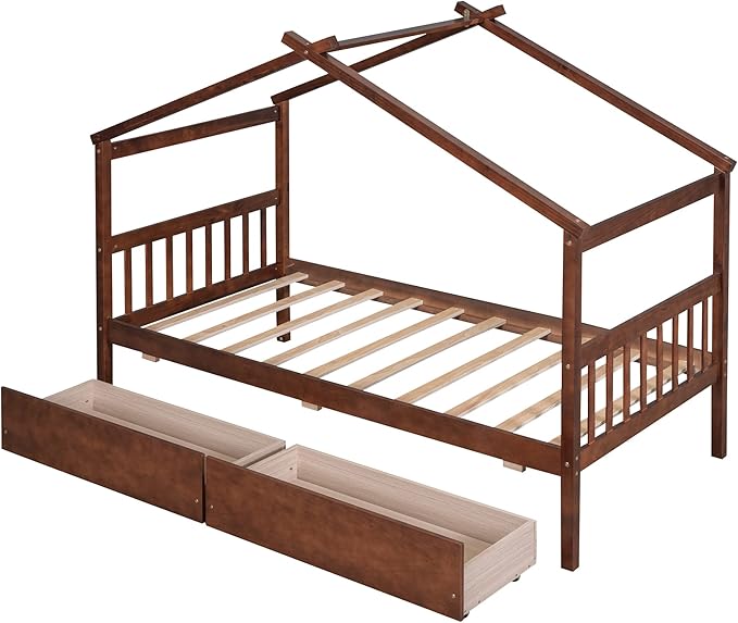 Merax Twin Size Wooden House Bed with Two Drawers, Wood Bed Frame with Roof for Kids, Teens, Boys or Girls, Walnut