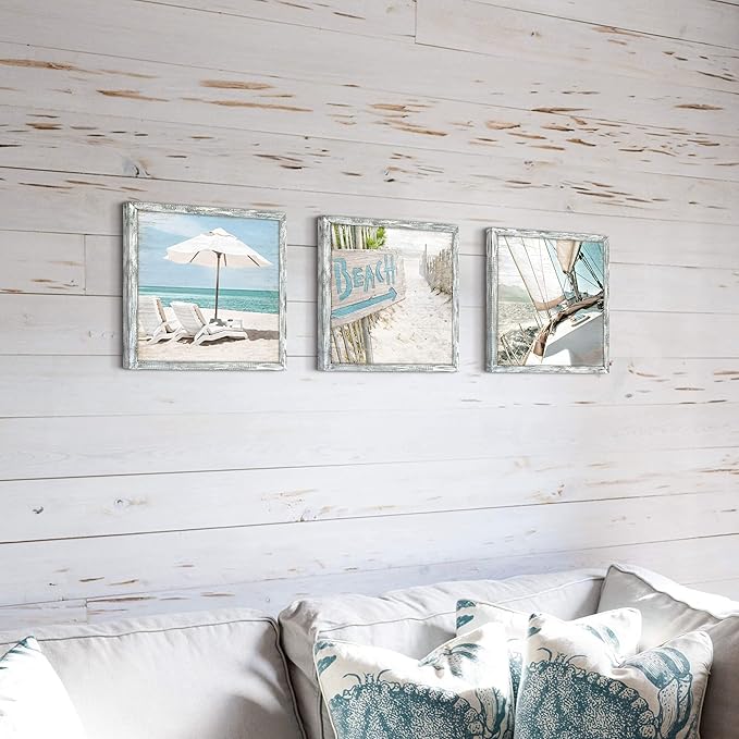 Beach Framed Wooden Wall Art: Ocean Pictures Coastal Art Prints Seaside Artwork Collection Set of 3 Seascape Decorations for Bedroom
