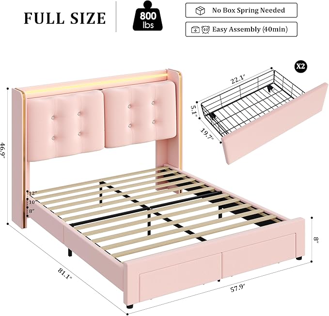 HITHOS Upholstered Full Led Bed Frame with Charging Station and Storage Drawers, Velvet Princess Platform Bed Frames with Crystal-Button Tufted Headboard for Girls and Kids, No Box Spring Need, Pink