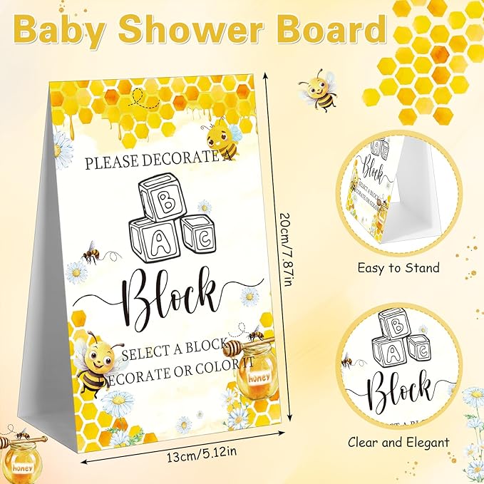 Marsui 136 Pcs Baby Shower Blocks to Decorate Game Kit Includes 98 Wooden Blocks, 36 Markers, 1 Game Sign, 1 Storage Box for Baby Shower Gender Reveal Activity Party Decorations(Bee)