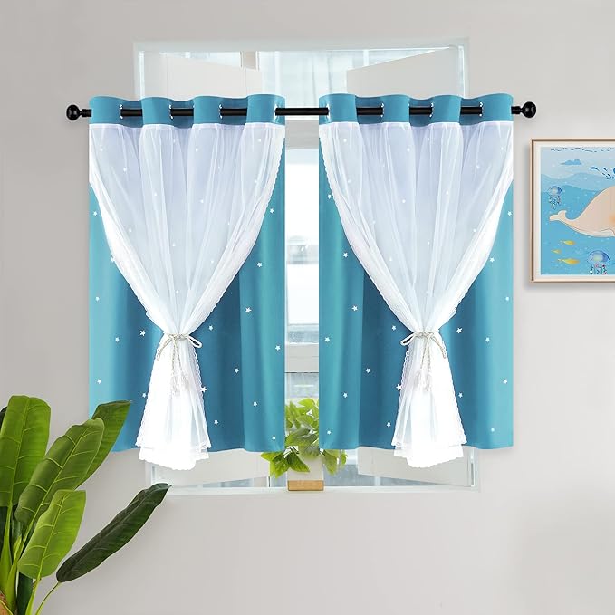 Kinryb Kids Blackout Curtains for Bedroom/Living Room/Classroom, Sheer Overlay Small 2 Panel Set, Double Layer Curtains with Star Cutout for Kids Room(W 52 x L 45 Inches,Sky Blue 2 Pcs)