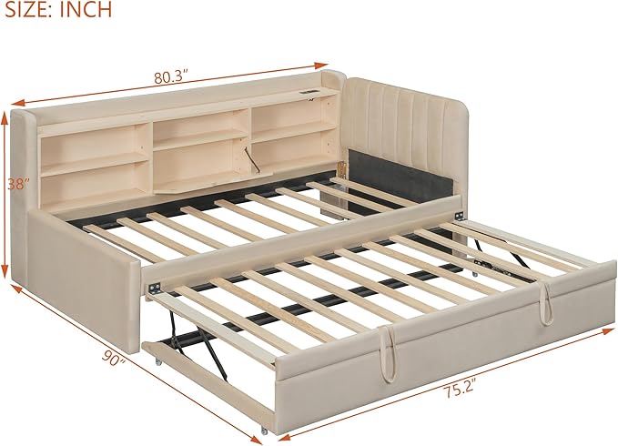 Twin Size Daybed with Trundle and Storage L-Shaped Bookshelf Headboard, Velvet Upholstered Soft Corner Bed with Charging Station and Shelves for Kids Boys Girls, Beige