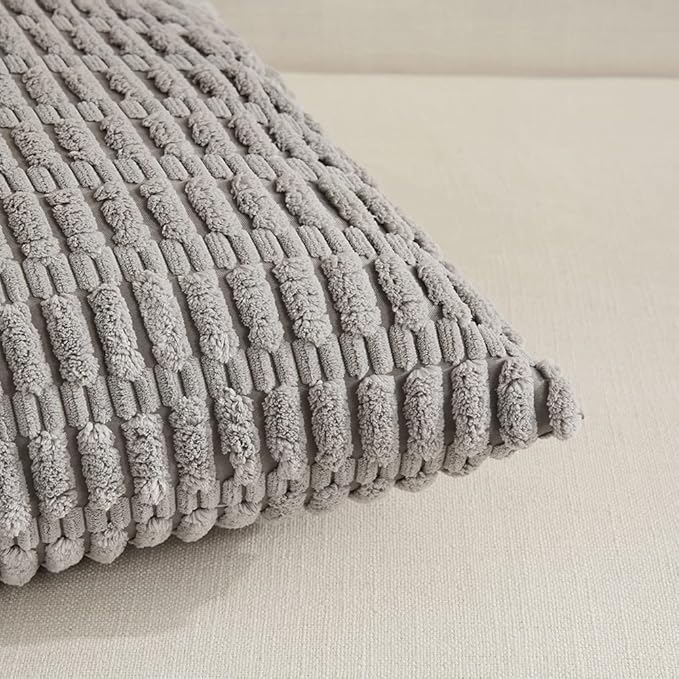 Fancy Homi 2 Packs Gray Farmhouse Decorative Throw Pillow Covers 20x20 Inch for Living Room Couch Bed Sofa, Rustic Boho Home Decor, Soft Striped Corduroy Square Cushion Case 50x50 cm