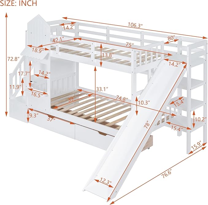 Twin-Over-Twin Bunk Beds Castle Style Bunk Bed with 2 Drawers 3 Shelves and Slide - White