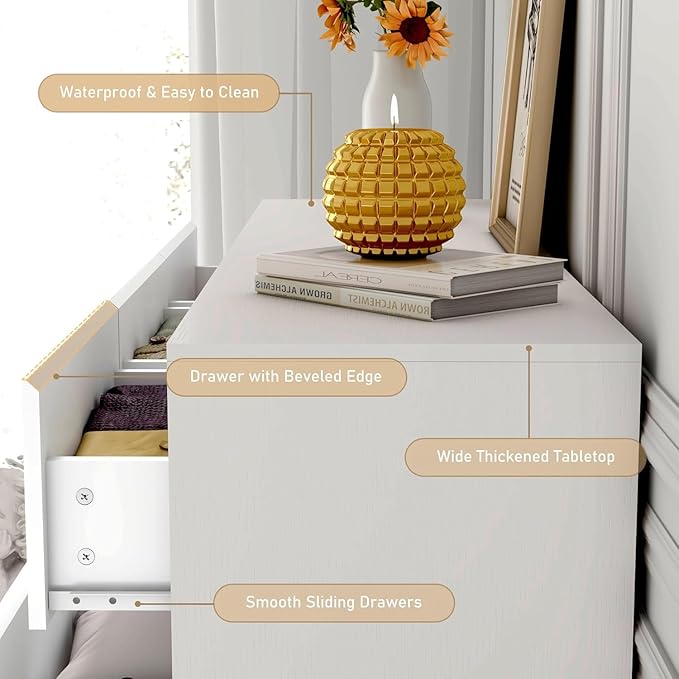 White Malm Dresser for Bedroom, 63" Wide 37" Tall Dresser with 12 Drawers & Charging Station, Modern Large Wood Chest of Drawers Handle Free for Bedroom, Living Room, Entryway, Hallway, White