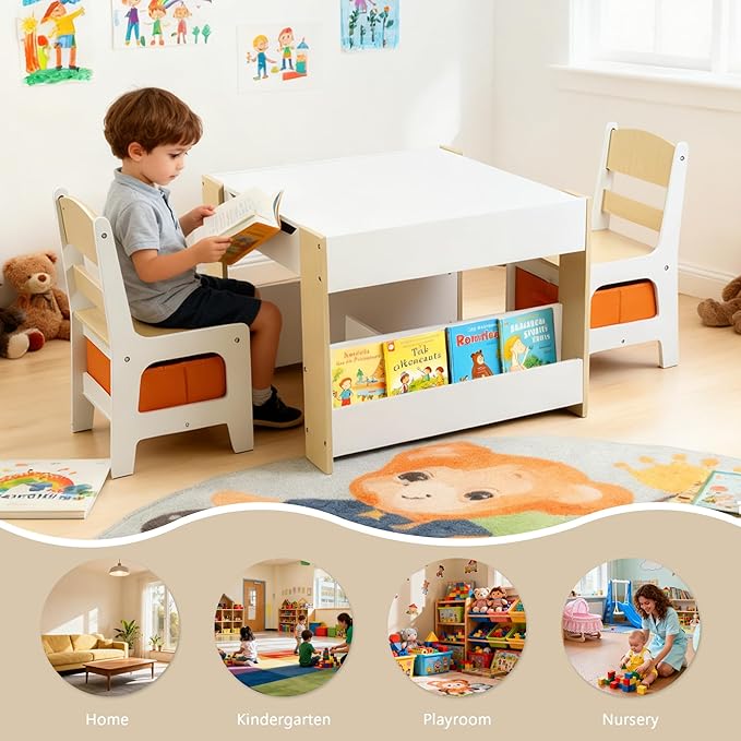 Kinder King Kids Wood Table & 2 Chairs Set, 4 in 1 Children Activity Table w/Double Bookcase, Blackboard, Toddler Furniture Set for Art, Crafts, Drawing, Reading, Playroom, Natural