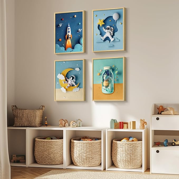 Framed Space Nursery Canvas Wall Art Prints for Baby Boy Room, Set of 4 Outer Space Themed Bedroom Decor, Astronaut Rocket Decorations for Toddler Kids Playroom Bathroom Gifts, 8x10 Inch