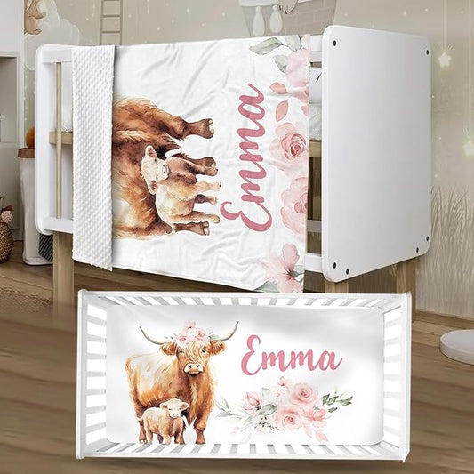 Personalized Crib Bedding Set for Boys Girls, Custom Baby Crib Sets with Name, Pink Highland Cow Design Nursery Bedding 2 Piece - Soft Blanket with Double Layer Dotted Backing, Crib Fitted Sheet