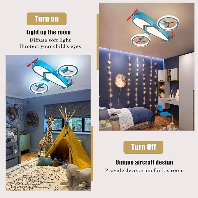 Kids Ceiling Lights for Bedroom Blue Airplane Light Fixture Mount 24.8" Kitchen Ceiling Light Fixtures 3000K-6000K with Remote 68W Flush Mount LED Lamp for Kids Room