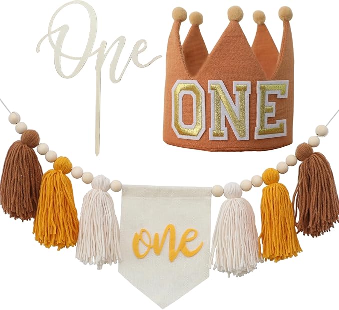 1st Birthday Highchair Banner Neutral Decorations With ONE Crown Hat Cake Topper For Photo Backdrop