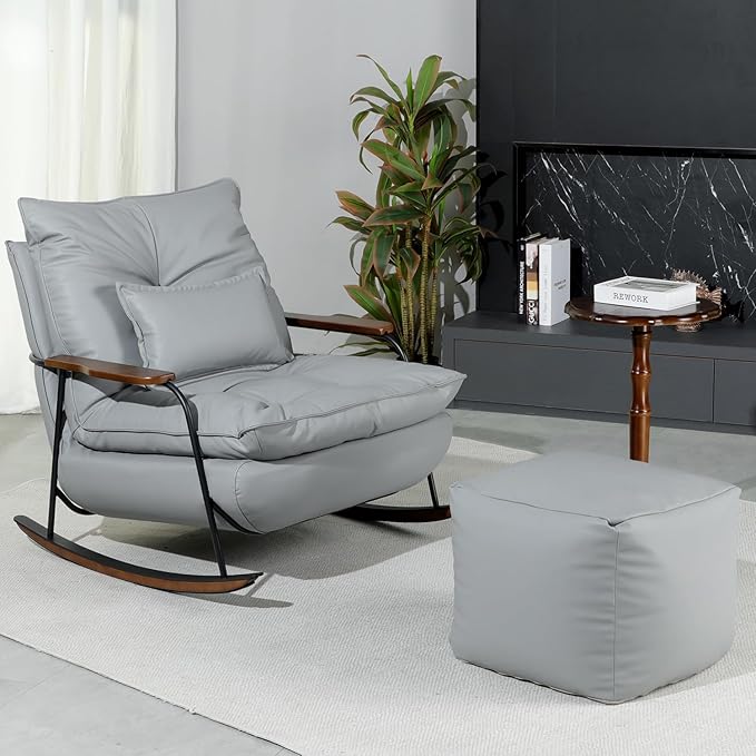 ZYZ Rocking Chair with Ottoman and Pillow, Mid-Century Modern Recliner, Reclining Nursery Rocker, Wood Armchair, 25° Rocking Motion, Lazy Sofa for Living Room Bedroom Balcony, PU Leather (Creamy Grey)