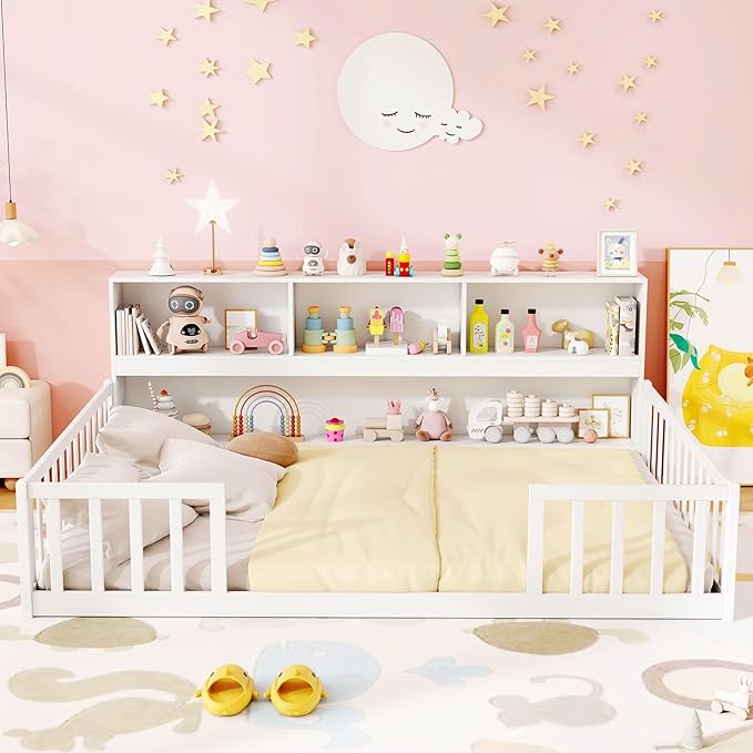 KOMFOTT Full Floor Bed with Bookcase & Shelves, Wood Bed Frame with Bedside Bookshelves & Guardrails, Versatile 2-in-1 Montessori Floor Bed for Kids (White)