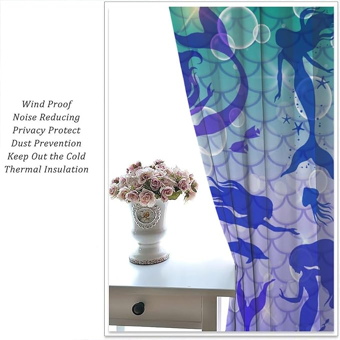 Mermaid Kids Girls Curtains Fantasy Mermaid Silhouette Ocean Theme Beautiful Blackout Window Treatment for Girls Bedroom Nursery Room Decor Rod Pocket Window Drapes 42" W X 63" L