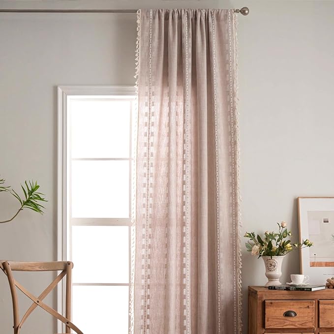 Deeprove Boho Curtain 84 inches Long for Living Room Bedroom Nursery, Retro Bohemian Coffee Linen Sheer 84 inches Length Tassel Stripe Embroidery Privacy Window Treatment W52 x L84, 1 Panel Natural