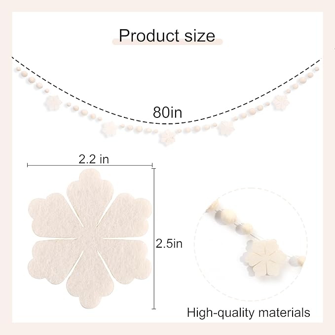 Felt Snowflake Garland – Cream White Winter Garland with Wool Balls, Neutral Christmas Mantle Decor, Scandinavian Snow Banner for Holiday Party, Nursery or Fireplace Decoration