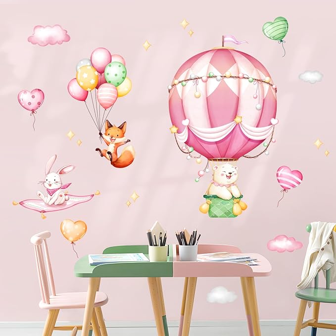 Hot Air Balloon Wall Decals for Girls, Cartoon Bear Fox Rabbit Wall Stickers Peel and Stick Vinyl Decor for Baby Nursery Room Toddlers Bedroom Playroom