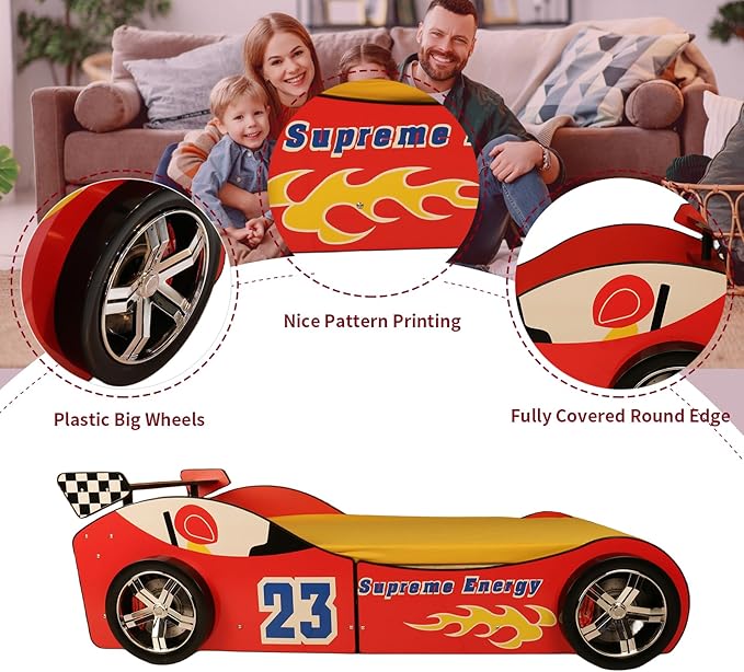HMFULE Twin Bed Frames for Kids, Wood Race Car-Shaped Bed Frame Platform with Wheels LED Lights & Slat Support for Toddler, Teens, Boys or Girls, No Box Spring Needed (Red)