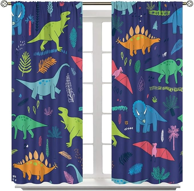 Dinosaurs Blackout Curtains Cute Cartoon Animals Dino Tropical Plant Colorful Art Print for Kids Boys Bedroom Living Room Rod Pocket Decoration Window Drapes 2 Panels W36xL63in