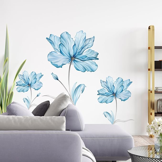 Zonon 6 Pcs Flowers Wall Decals Stickers Vinyl Removable Peel and Stick Colorful Dragonflies Floral Wall Murals Decor for Bedroom Living Room Nursery(Blue Flower)