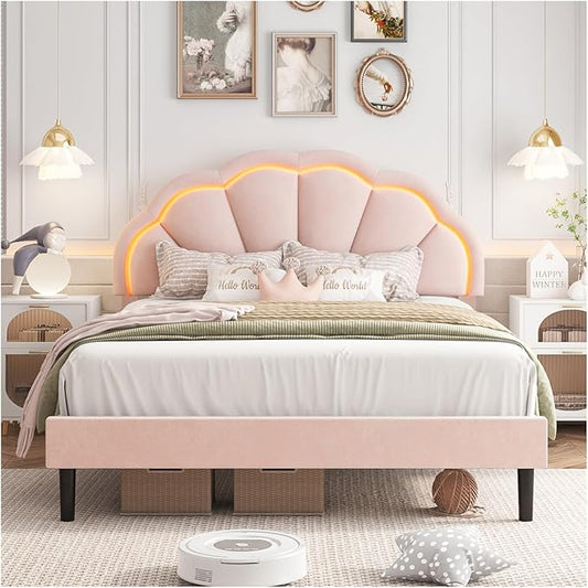 HIFIT Full Upholstered Smart LED Bed Frame with Adjustable Chic Petal Headboard, Princess Full Size Platform Bed Frames for Kids/Girls, Wooden Slats Support, No Box Spring Needed, Easy Assembly, Pink