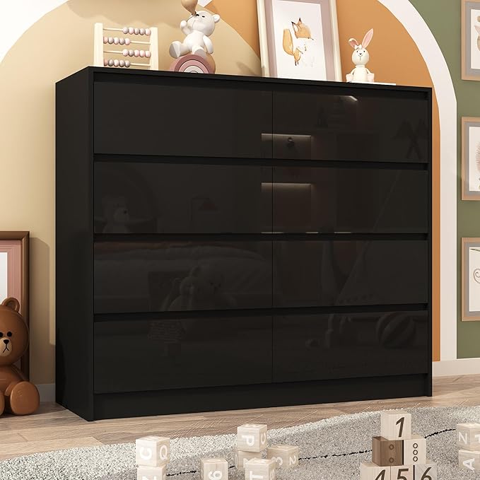 Black Malm High Gloss Dresser for Bedroom, 47" Wide 41" Tall Dresser with 8 Drawers, Modern Large Wood Chest of Drawer Handle Free, Living Room, Entryway, Hallway, Black