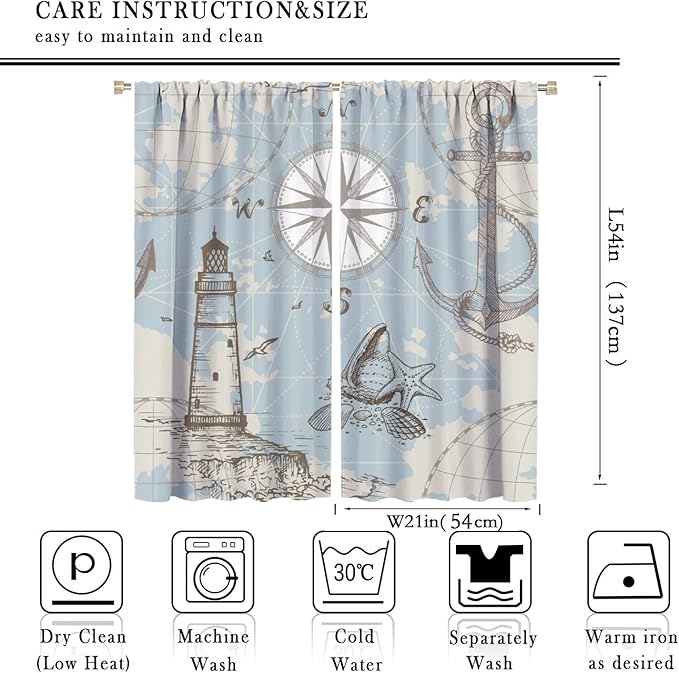 Nautical Theme Window Draperies, Pirate Sailboat Curtains for Bedroom & Living Room, Ocean Window Treatment - 2 Panels, 42x54 Inches