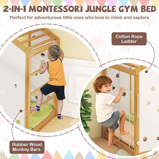 Giantex Twin Size Montessori Floor Bed, 3-in-1 Indoor Kids Jungle Gym Playground with Climbing Slide Swing Net, Monkey Bars, Wood House Bed Frame with Playset for Boys Girls, Natural+White