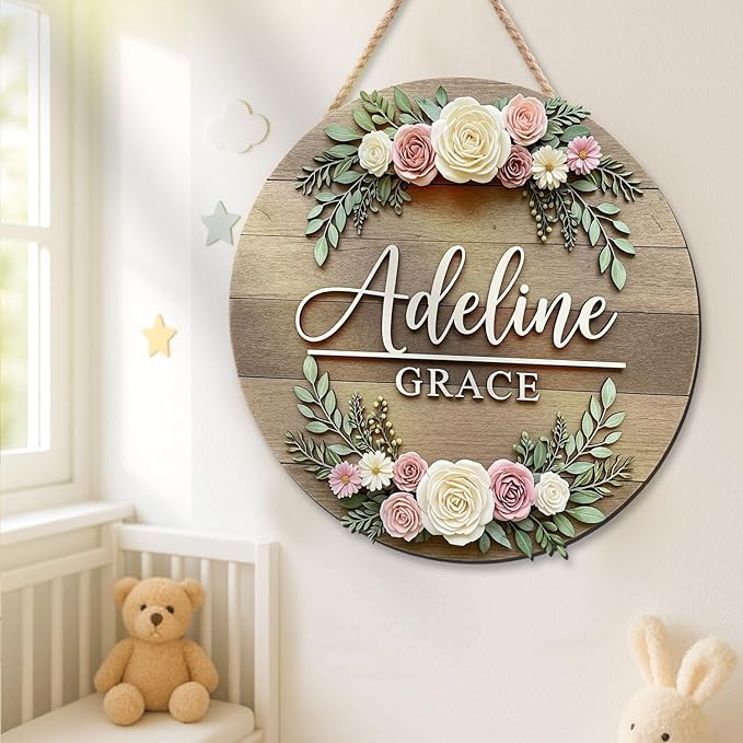 Custom Floral Wooden Name Sign for Girls – Personalized Wooden Name Sign with Roses and Leaves, Newborn Keepsake Gift, Nursery Room Wall Decor