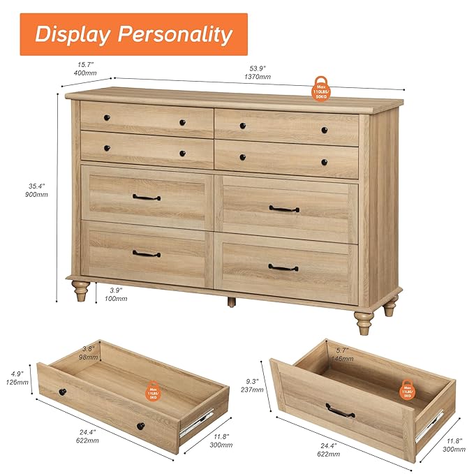 WAMPAT Baby Dresser with 8 Drawers for Kids Room, Farmhouse Kids Dresser Wooden Double Dresser for Bedroom, Wide Dresser Organizer for Children’s Bedroom, Nursery Furniture, 54 Inch, Oak