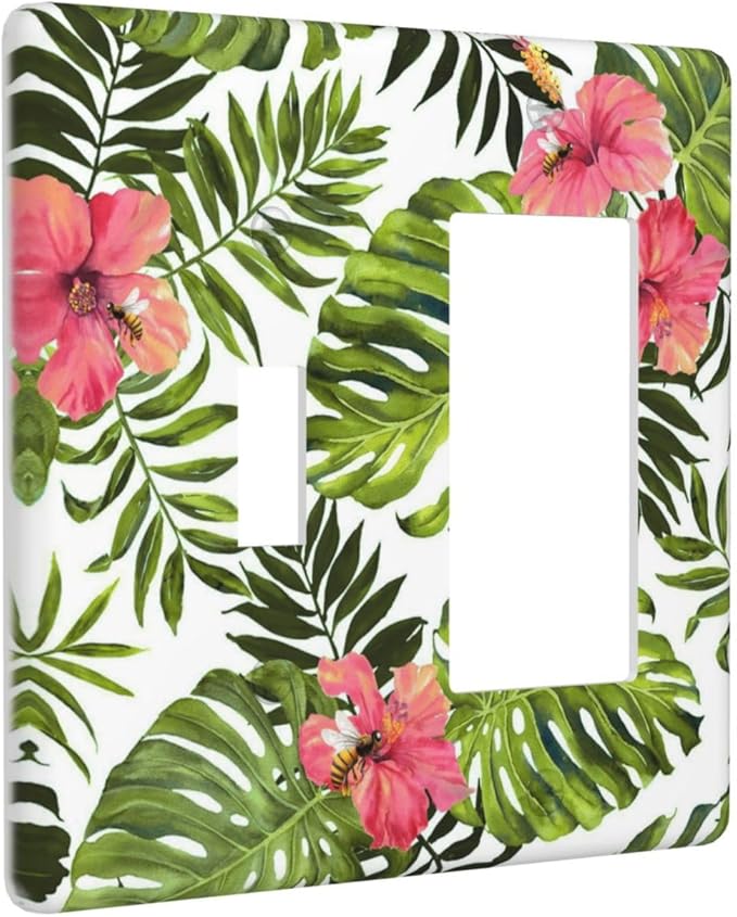 Tropical Plant Green Palm 2 Gang Light Switch Cover Decorative Combination Wall Plate Banana Leaves Pink Flower Rainfores Jungle Botanical Single Toggle Rocker Electrical Faceplate for Kitchen Home