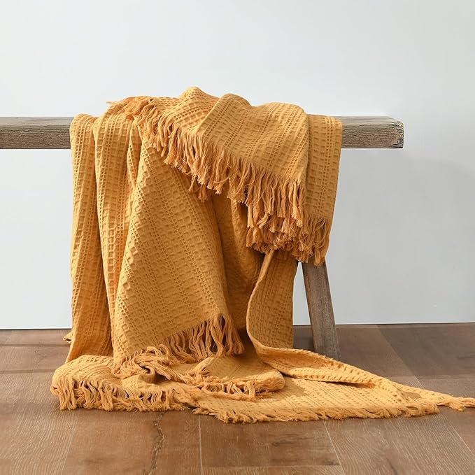 100% Cotton Waffle Blanket with Fringe, Pre-Washed Waffle Weave Blanket for All Season, Lightweight Breathable Soft Cozy Throw Blanket for Couch, Bed, Travel (Mustand Yellow - 66x90 Inches)