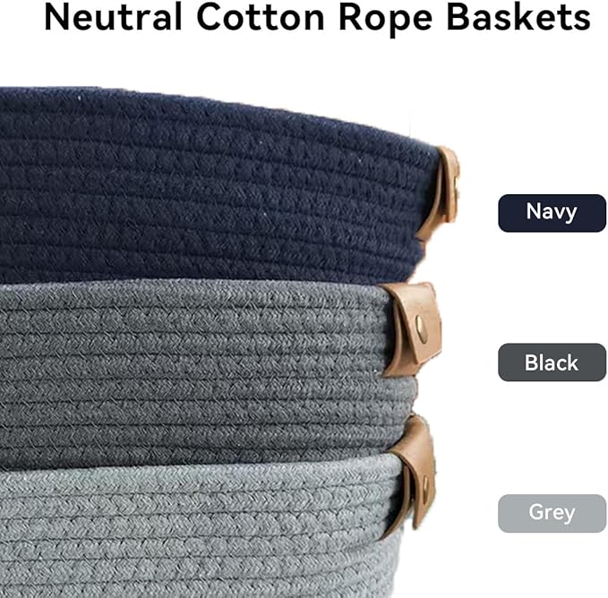 Medium Cotton Woven Basket with PU Leather Handle, Baby Clothes Toys Candy Gifts Cotton Rope Organizer, Living Room Basket Bathroom Shower Storage Laundry Basket, Dog Cat Bed, Cute Decor, Navy