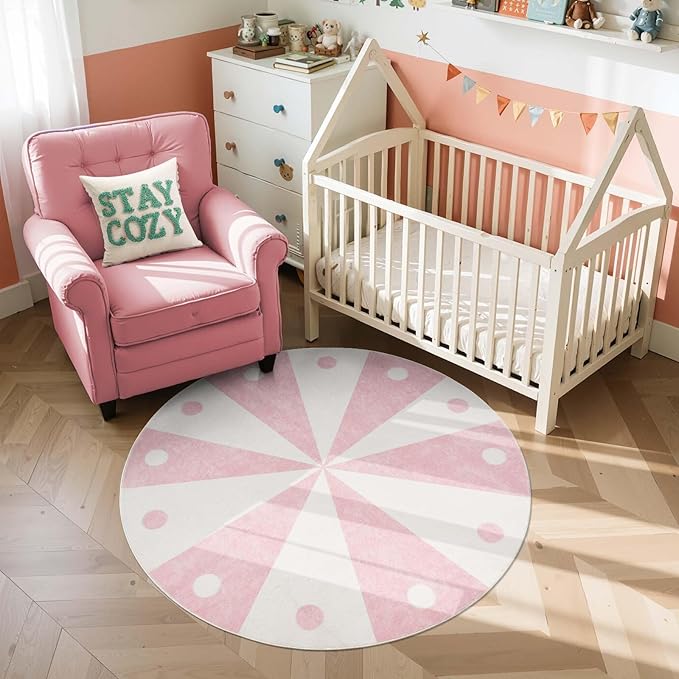 jinchan 5ft Round Rug Light Pink Washable Fun Cute Playroom Mat Non Slip Cheerful Circle Cool Rug Soft Cozy Low-Profile Playful Carousel Throw Carpet for Kids Gift Teens Dorm Entryway Bedroom