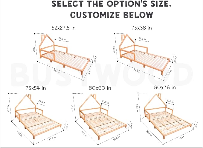 BUSY WOOD Montessori Bed for Toddlers - Twin Bed for Toddlers - Full Bed Floor - Bed with Rails - Montessori Bed - House Bed Frame - Montessori Full Size Bed Frame - Toddler Bed Queen (Model 3)