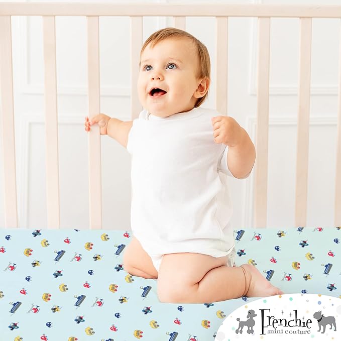 Frenchie Mini Couture, Fitted Crib Sheet Single, 100% Woven Cotton, Toddler Fitted Sheet, Fits Standard Size Baby Mattress 28 x 52 x 8in, Cars, Boats, & Planes (Light Blue)