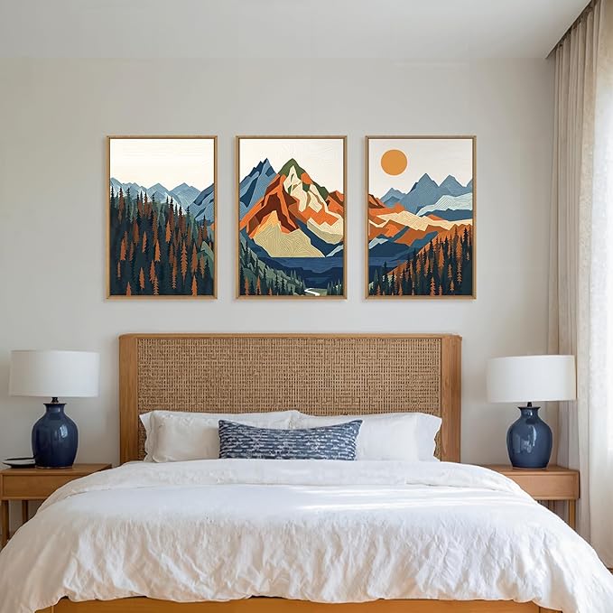 FWIEXA Vintage Mountain Framed Canvas Wall Art Set, Boho Sunrise Wall Prints, Abstract Nature Forest Artwork, Retro Lake Sunset Painting, 3 Panel 24x36 Inches Modern Rustic Decor for Living Room, Bedroom, Office