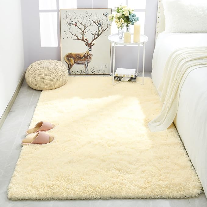 Merelax Modern Soft Fluffy Large Shaggy Rug for Bedroom Livingroom Dorm Kids Room Indoor Home Decorative, Non-Slip Plush Furry Fur Area Rugs Comfy Nursery Accent Floor Carpet 4'x6' Light Champagne