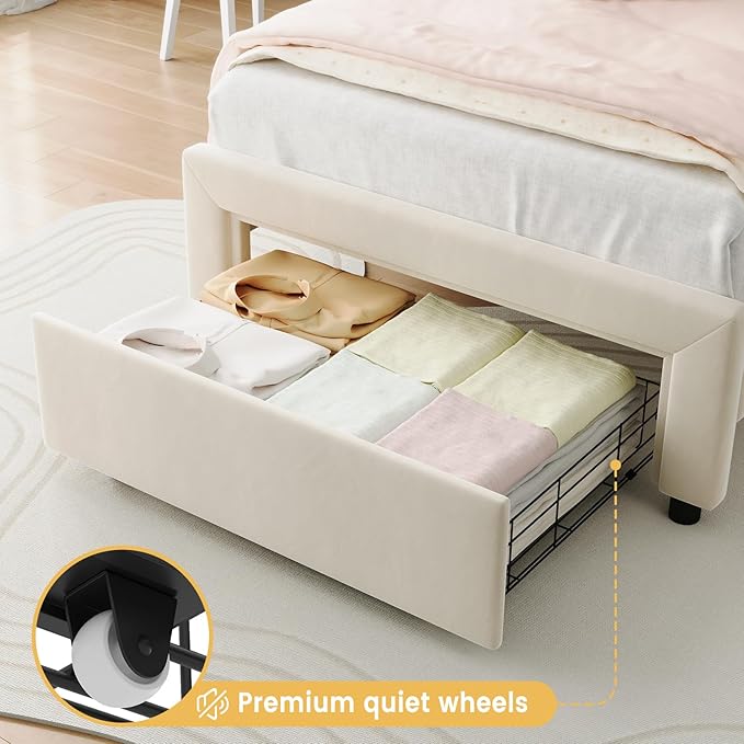 GarveeHome Twin Upholstered Smart LED Bed Frame with Headboard and LED, Velvet Princess Platform Bed Frame, Wooden Slats Support, No Box Spring Needed (Beige with Drawer, Twin)