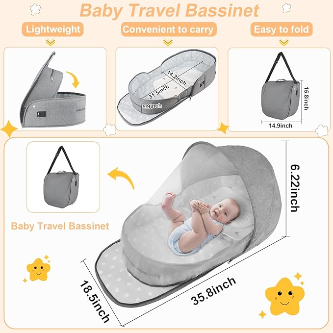 Portable Bassinet for Baby,Baby Bassinets Bedside Sleeper for Travel & Home,Foldable Bedside Crib with Breathable Mesh,Lightweight with Carry Bag & Storage Pocket,Safe Cosleeping Design for Infant