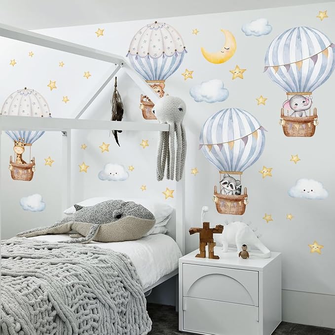 Hot Air Balloon Wall Decal，Animals Hot Air Balloon Wall Decals，Balloons Elephant Wall Stickers，White Cloud Wall Decoration Baby Nursery Girls Bedroom Toddler Room Wall Decor