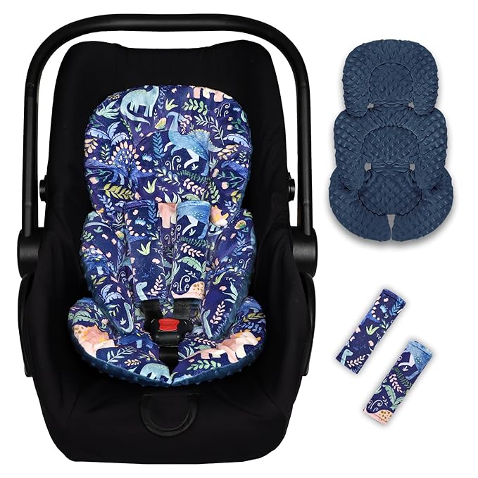 Pea Pod Infant Car Seat Insert with Strap Covers, All in One Reversible Baby Car Seat Head Support for Newborn, 3D Soft Minky Carseat Cushion for Preemie to Infant, Stroller, Swing, Bouncer, Dinosaur