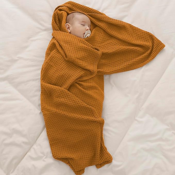 36” X 40” Inches Cooling Baby Waffle Weave Blanket, Ultra-Soft Lightweight Receiving Blanket for Newborn, Breathable Comfortable Baby Swaddle Blanket for Boys and Girls(Golden Amber)