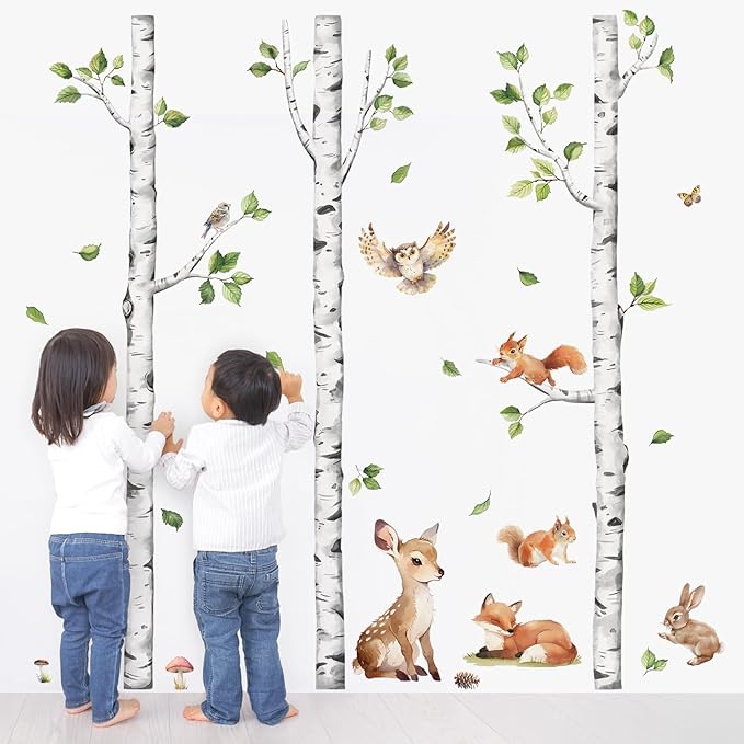 Tanlaby Large White Birch Tree Wall Decals Forest Animals Wall Stickers Woodland Trees Wall Decals Deer Fox Sticker Art Decor for Baby Nursery Boys Kids Toddler Bedroom Playroom Classroom
